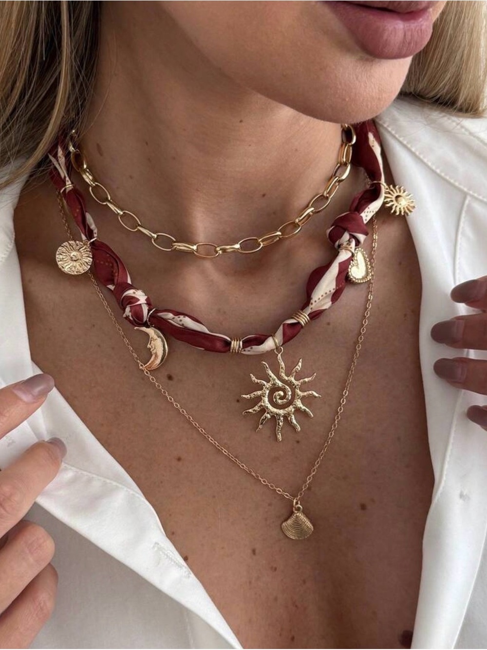 Boho Gold Sun & Moon Layered Necklace Set with Maroon Scarf